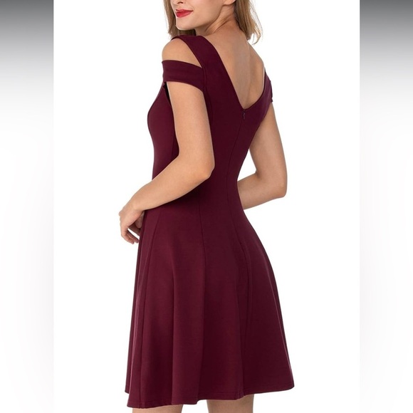 Insnova Burgundy Cold Shoulder A-Line Dress Romantic Fit & Flare Cocktail Party - Picture 7 of 13